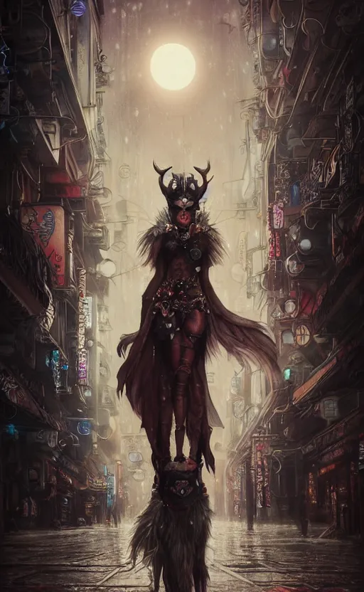 Image similar to hyper realistic Princess Mononoke, ornate mask magic, wet market street, cyberpunk metropolis, city landscape, jewels, full body pose, full moon, style of tom bagshaw, mucha, james gurney, norman rockwell, denoised, sharp