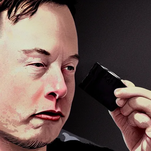 Image similar to Elon musk chewing on a battery in a dark cave and feeling sad, photorealistic