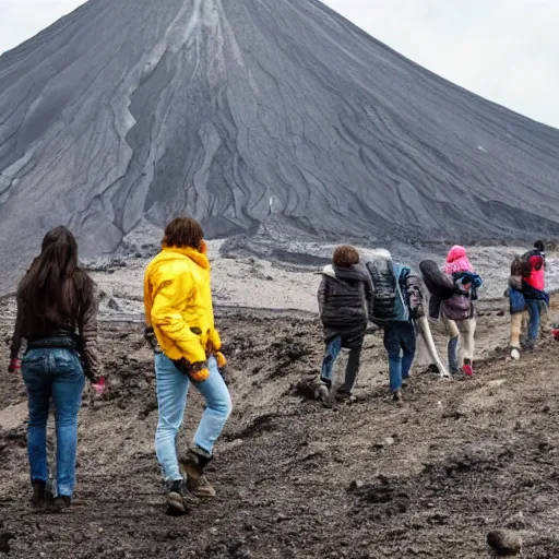 Prompt: photograph of people wearing jeans hiking to a volcano eruption