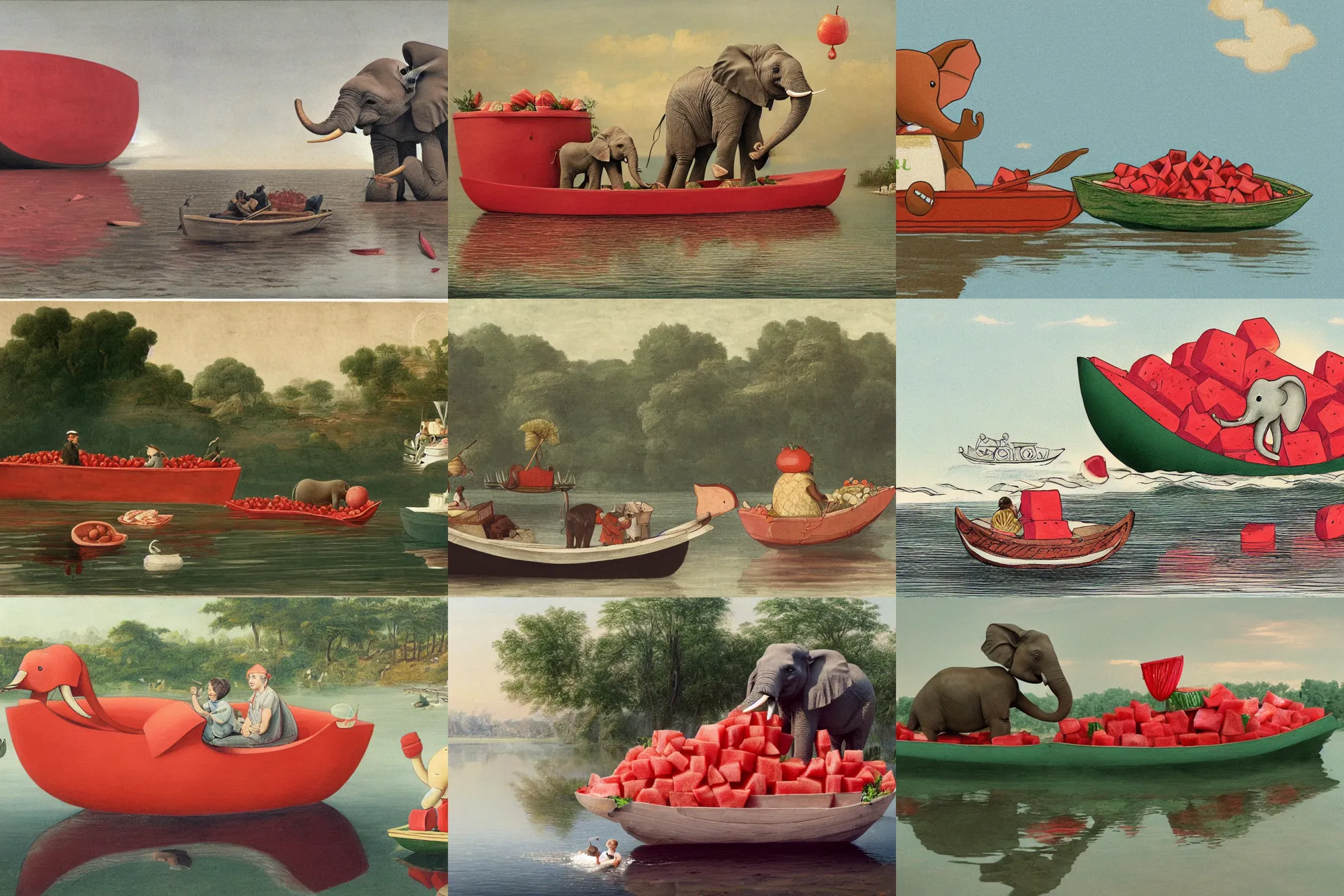 Prompt: a small elephant sits in a boat made of watermelon and floats on a river of white milk