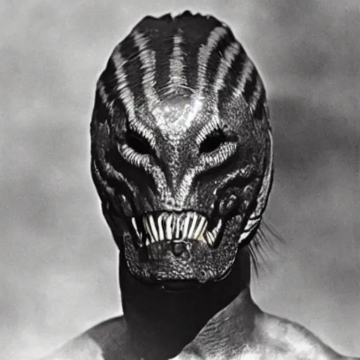 Image similar to photograph of yautja ( predator ) by edwardian, male, 1 9 0 0 s, 1 9 1 0 s, grainy, slightly blurry, faded, realistic face