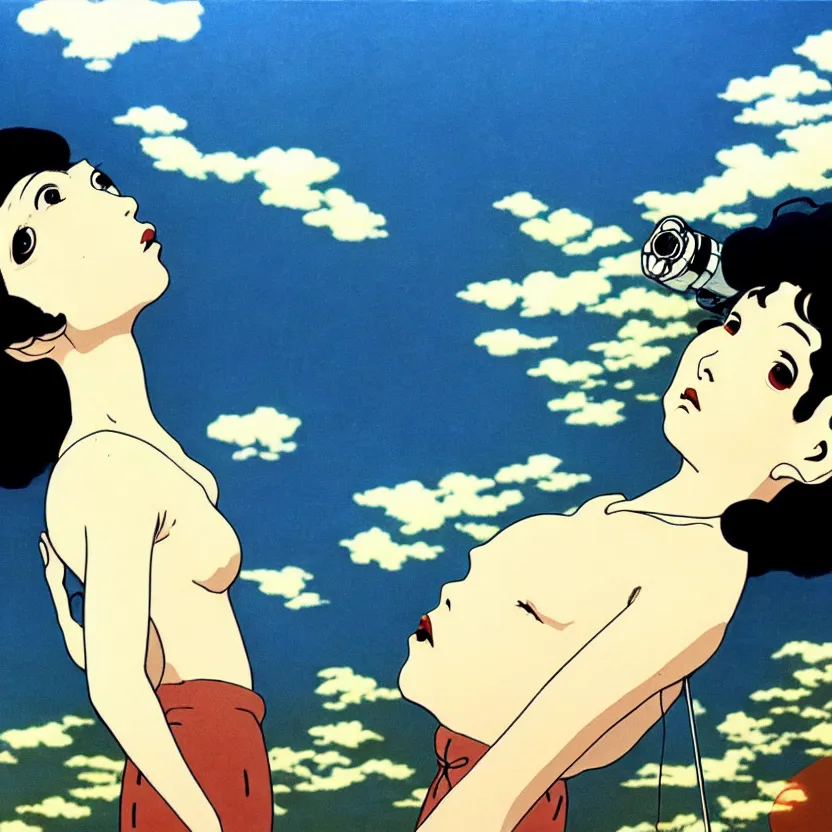 Prompt: film still of a scientist looking up in the dreamy sky, highly detailed, sharp focus, surreal, dreamlike, by satoshi kon and salvador dali