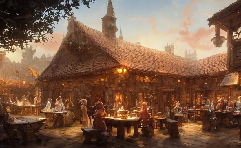 Image similar to highly detailed portrait of a medieval tavern, in disney, stephen bliss, unreal engine, fantasy art by greg rutkowski, loish, rhads, ferdinand knab, makoto shinkai and lois van baarle, ilya kuvshinov, rossdraws, tom bagshaw, global illumination, radiant light, detailed and intricate environment