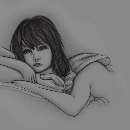 Image similar to teenage emo girl on a bed, pencil doodle, digital art