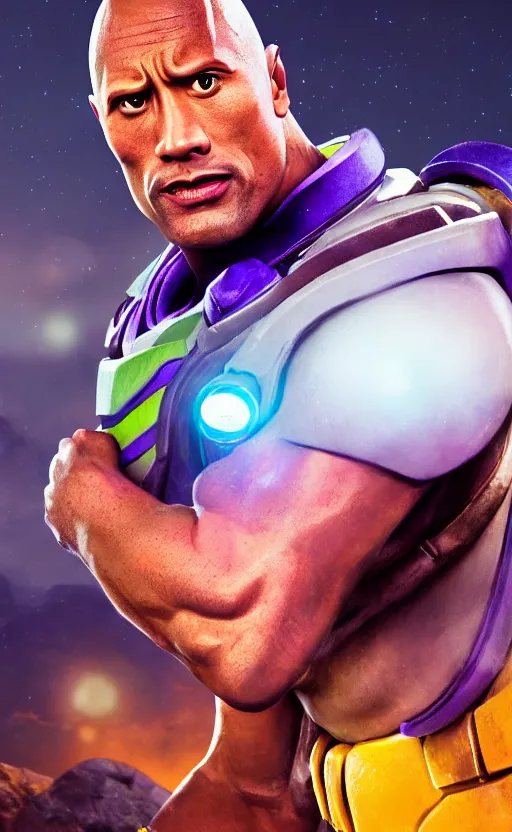 Image similar to dwayne johnson as buzz lightyear, dynamic lighting, photorealistic fantasy concept art, trending on art station, stunning visuals, creative, cinematic, ultra detailed