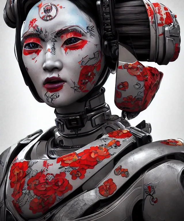 Image similar to an epic fantastic realism comic book style portrait painting of a japanese robotic geisha with kanji tattoos and decals, apex legends, octane render, intricate detail, 4 k hd, unreal engine 5