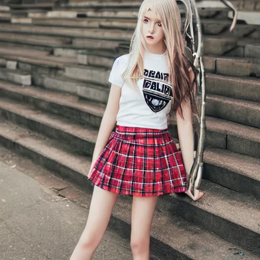 Image similar to female model teenage emo photography plaid skirt band shirt beautiful face