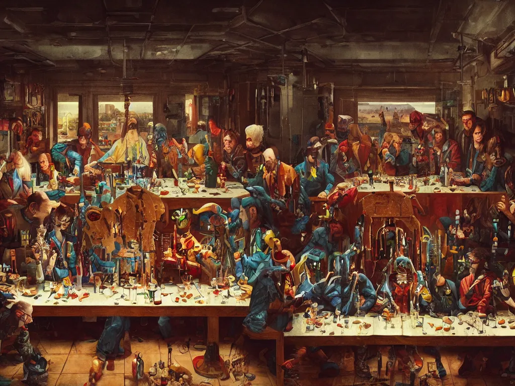 Image similar to the last supper with punks, criminals and robots in a painting from stalenhag, 4 k, 8 k, hdr, artstation, concept art