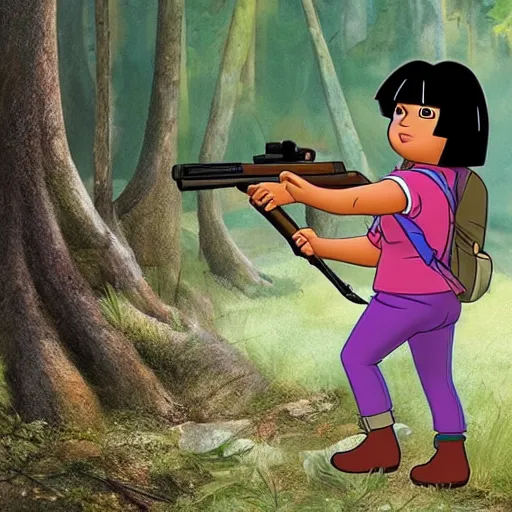 Image similar to dora the explorer hunting animals with a rifle