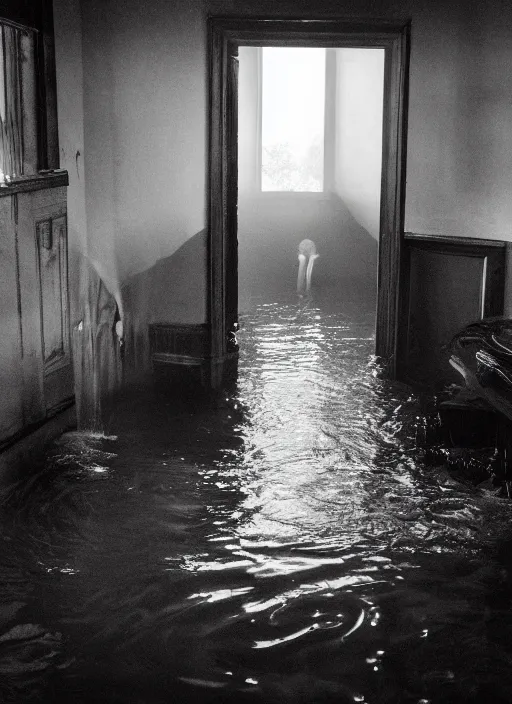 Prompt: river water spilling out through an open door, in the style of the Dutch masters and Gregory Crewdson, dark and moody