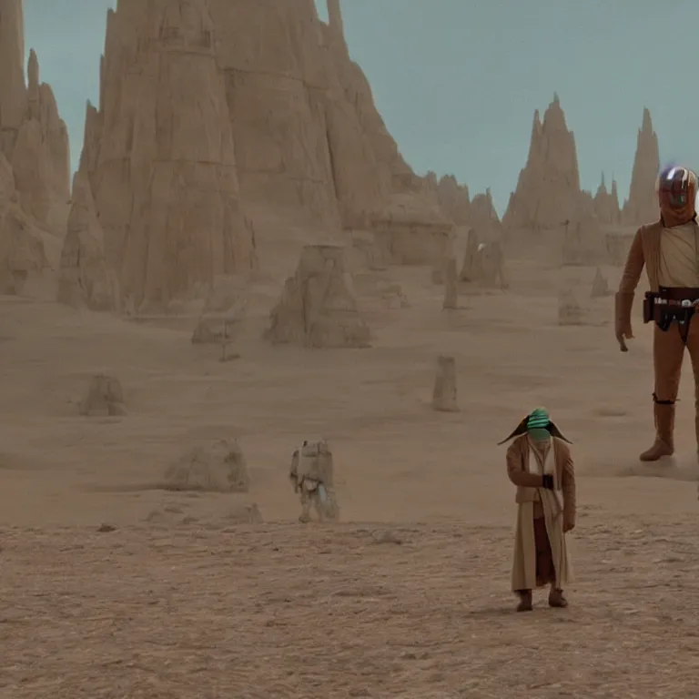 Image similar to film still from a star wars movie made by wes anderson, yoda and luke skywalker, in the style of wes anderson