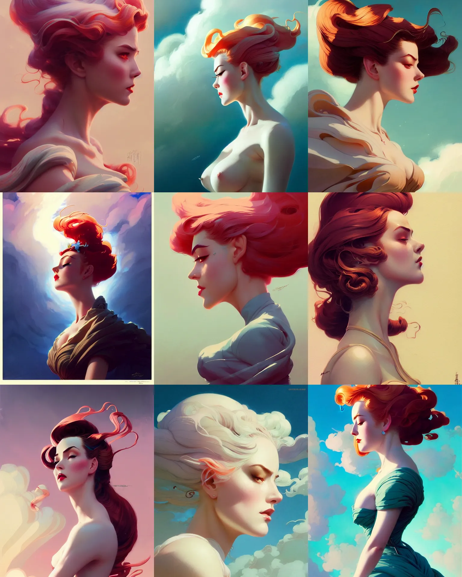 Prompt: side profile, 5 0's pinup girl, elden ring, elegant, highly detailed, concept art, smooth, colorful swirly magical clouds, muted colors, by huang guangjian, sachin teng, greg rutkowski, jesper ejsing, ilya kuvshinov, artgerm, mucha