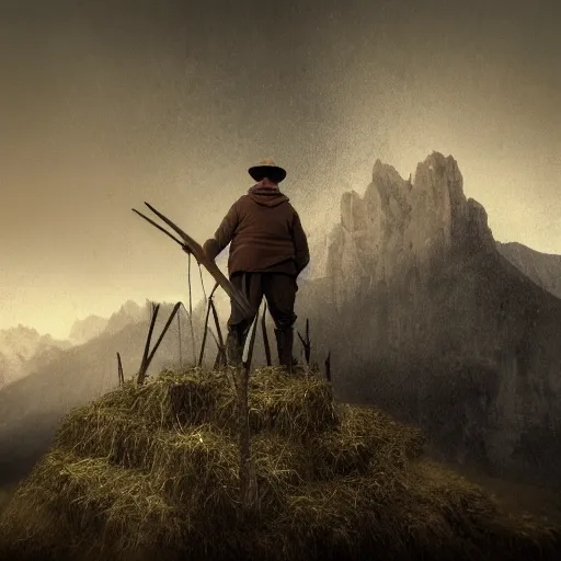 Prompt: alpine farmer transforming into roots and hay, dolomites in background, dark, eerie, despair, portrait photography, artstation, digital art, concept art, artstation, highly detailed, sharp focus, by caravaggio