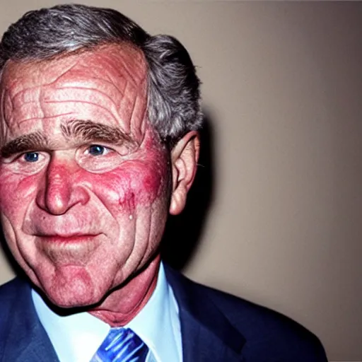 Image similar to An Alec Soth portrait photo of George W. Bush with bright red glowing eyes, sweat is glistening on his face