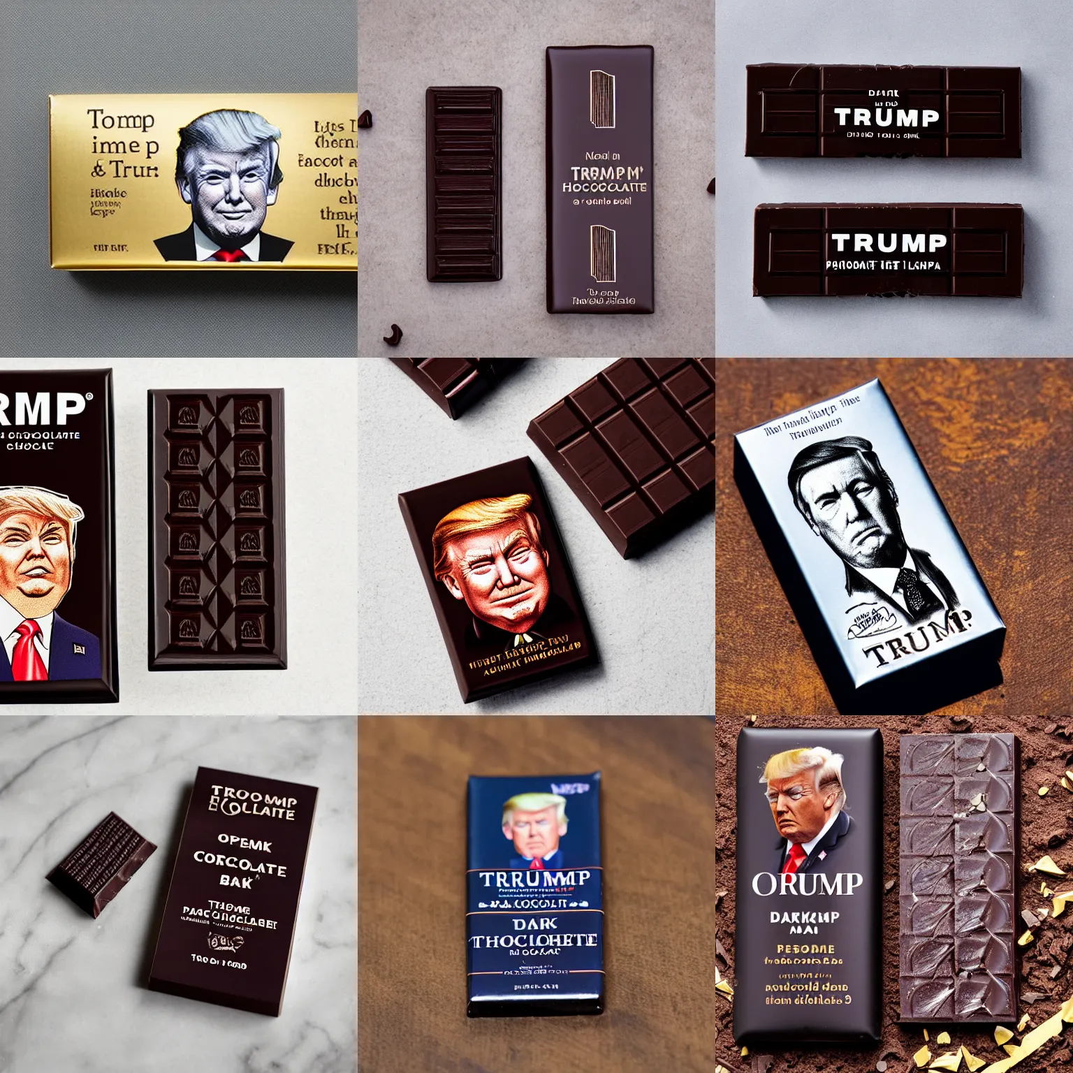 Prompt: opened dark chocolate bar with a line engraving portrait of trump