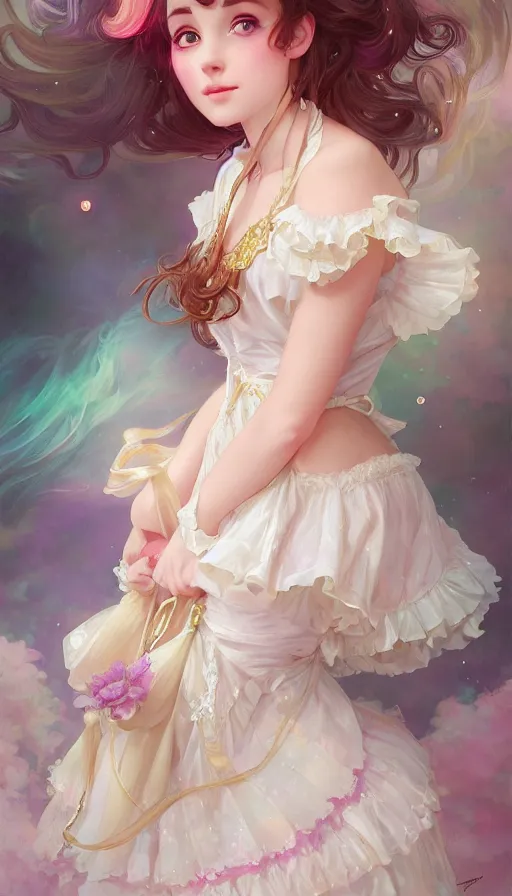 Image similar to portrait of magical lolita girl, dreamy and ethereal, (colour) eyes, peaceful expression, ornate frilly dress, fantasy, intricate, elegant, rainbow bubbles, highly detailed, digital painting, artstation, concept art, smooth, sharp focus, illustration, art by artgerm and greg rutkowski and alphonse mucha