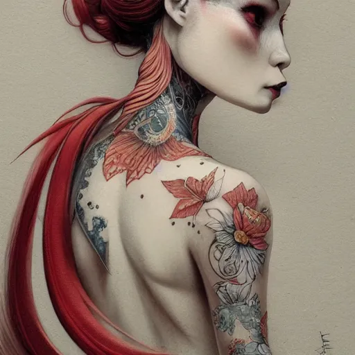 Prompt: ultra realistic illustration, beautifulwoman dressed in red kimono, backview, tattoos, in the style of peter mohrbacher by weta digital and beth cavener, high face symmetry, intricate, masterpiece, award winning, high face symmetry, intricate