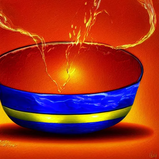 Image similar to boiling imagination in a bowl, ultra detailed, digital painting, dark blue, yellow, orange, red