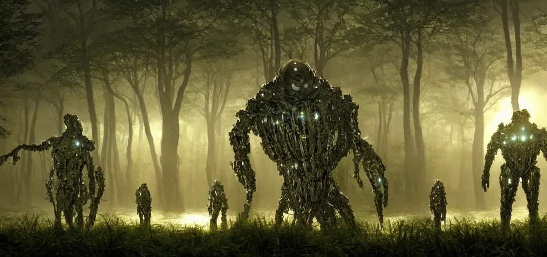 Prompt: a complex organic fractal 3 d metallic symbiotic ceramic humanoid megastructure creature in a swampy lush forest, surrounded by soldiers, foggy, sun rays, cinematic shot, photo still from movie by denis villeneuve, wayne barlowe