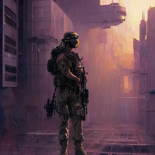 Image similar to Vernon. USN special forces futuristic recon operator, cyberpunk military hazmat suit, on patrol in the Australian autonomous zone, deserted city skyline. 2087. Concept art by James Gurney and Alphonso Mucha