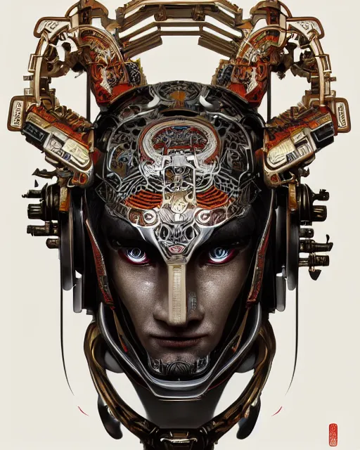 Image similar to portrait of a masculine male cyberpunk machine, machine face, upper half portrait, decorated with chinese opera motifs, asian, fine china, wuxia, traditional chinese art, intricate, elegant, highly detailed, symmetry, headpiece, digital painting, artstation concept art smooth sharp focus, illustration, art by artgerm and greg rutkowski alphonse mucha 8 k