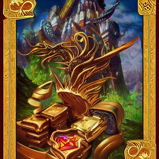 Prompt: a beautiful and vivid and colorful andreas rocha magic the gathering fantasy illustration of a beautiful engraved wooden pandora's box with inlaid jewels and gold filigree scrollwork.