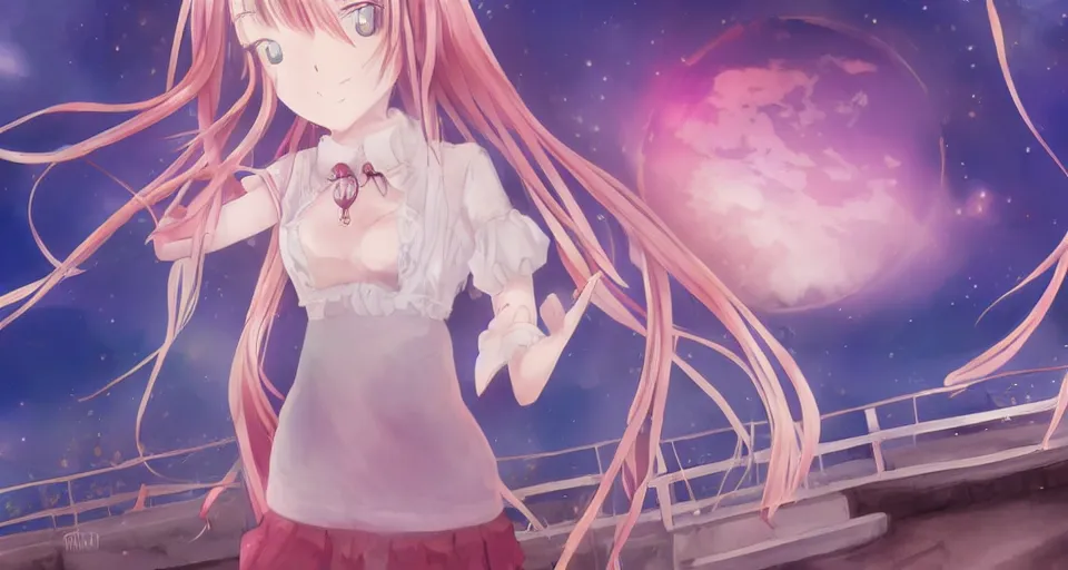 Prompt: one anime girl standing on a pier, blue shiny eyes, looking at the camera, cute, the ocean as background at twilight, big moon above the water, colorful, magical, smooth, extremely detailed, detailed face, devianArt, based on Puella Magi Madoka Magica
