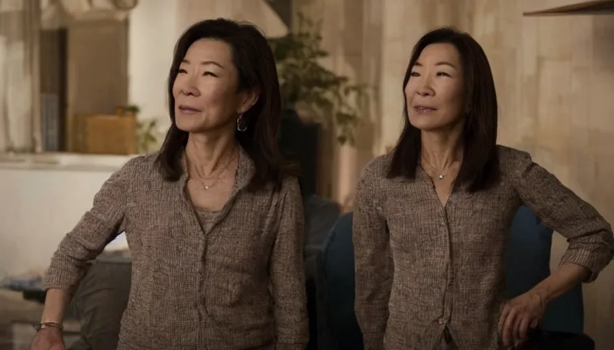 Image similar to michelle yeoh as evelyn wang from everything everywhere all at once ( 2 0 2 2 ), directed by'daniels ', cinematography by larkin seiple, movie still