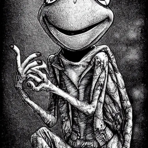 Image similar to michael karcz punk grunge cartoon drawing of kermit the frog. , in the style of corpse bride, loony toons style, horror themed, detailed, elegant, intricate