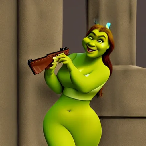 fiona from shrek holding a gun, Stable Diffusion