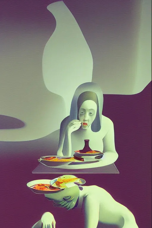 Prompt: woman eating with a bear digital glitch head Edward Hopper and James Gilleard, Zdzislaw Beksisnski, higly detailed