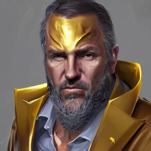 Image similar to a painted portrait of a middle-aged man in a golden suit, D&D, sci-fi, elegant, hopeful, muscular, highly detailed, digital painting, artstation, concept art, smooth, sharp focus, illustration