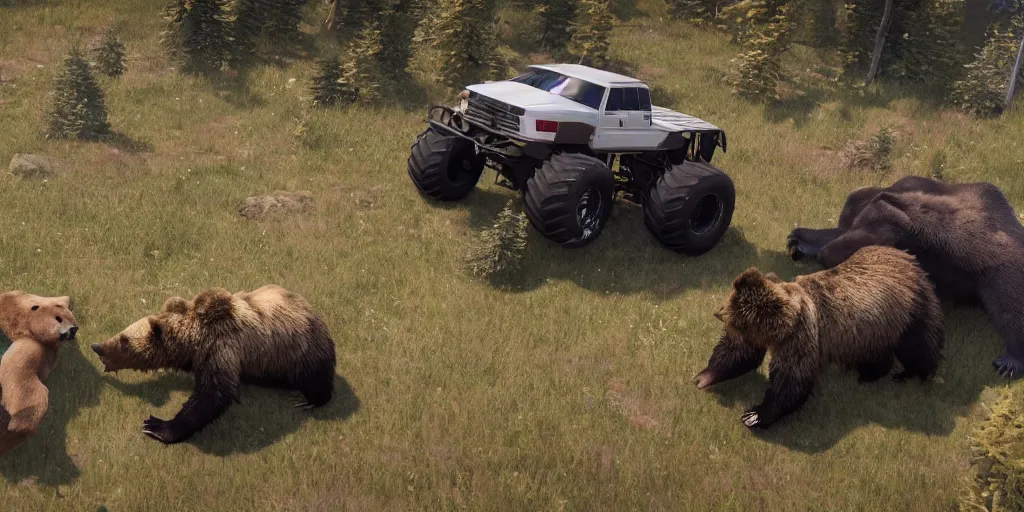 Prompt: A monster truck fighting a grizzly bear in its natural habitat, unreal engine, 8k