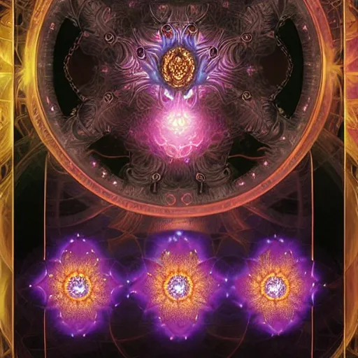 Image similar to a beautiful and detailed illustration of a black lotus with fractal fibonaucci sequence of glowing purple petals, in the style of magic the gathering, highly detailed, digital painting, god rays, volumetric lighting, octane render, 4 k resolution, art by artgerm and greg rutkowski and alphonse mucha, masterpiece, in a luminist baroque style