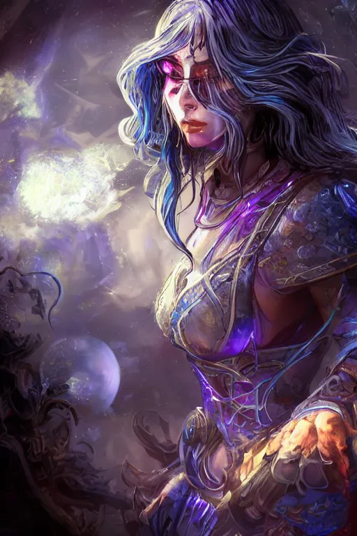 Image similar to Path of Exile, Maven, blue eyes female image with silver purple hair among colourful lights, dark blue spheres fly around, Anachronism, painting, dark fantasy, steampunk, 4k