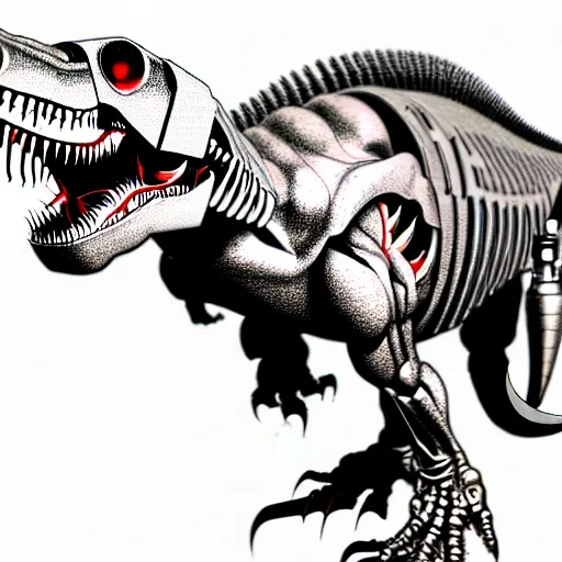 Image similar to an illustration of a book showing the complete anatomy of a cyborg t-rex, pencil sketch, extremely detailed