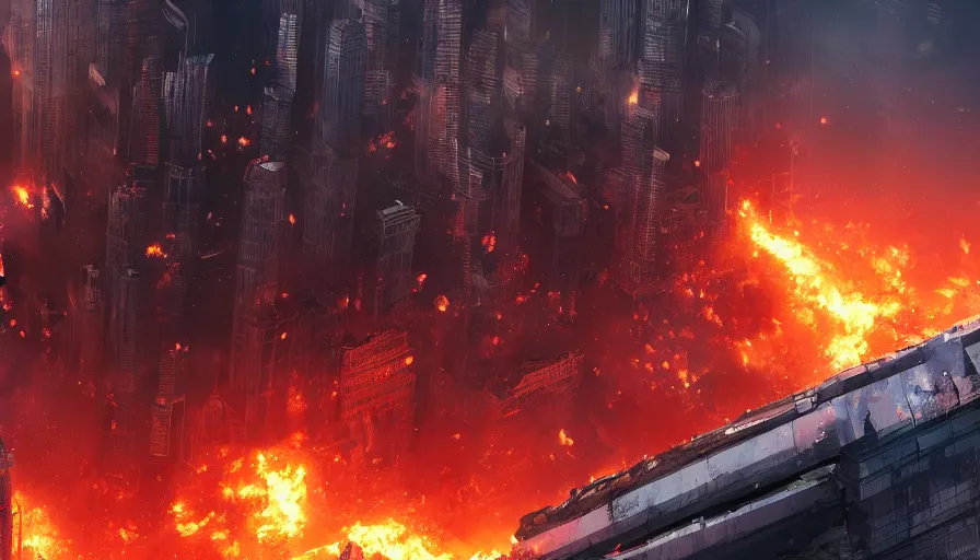 Image similar to movie poster of chicago destroyed by giant robots, fire, smoke columns, debris, ashes, collapsing, hyperdetailed, artstation, cgsociety, 8 k