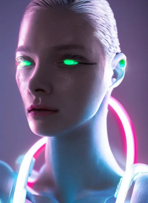 Image similar to photorealistic detailed full body picture of a female cyborg, pretty face, standing, glamour pose, neon lights, humanoid, extreme, uhdr, book called the most influental cyborg in 2 0 5 0, fine details, highly detailed, intricate, smooth sharp focus, symmetrical features, environmental portrait, realistic render