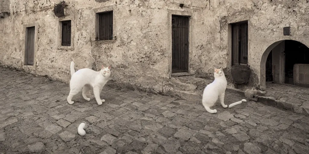 Image similar to photography of a cat with mortadela in his mouth at italian puglia with trulli houses in the background, photoreal, 3 5 mm, award winning photography