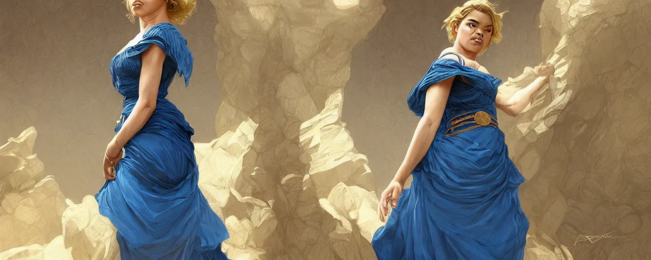 Image similar to full figure ultra realistic illustration, tessa thompson wearing a maiden blue dress, blonde flowy hair, old west, intricate, elegant, highly detailed, digital painting, artstation, concept art, smooth, sharp focus, illustration, art by artgerm and greg rutkowski and alphonse mucha