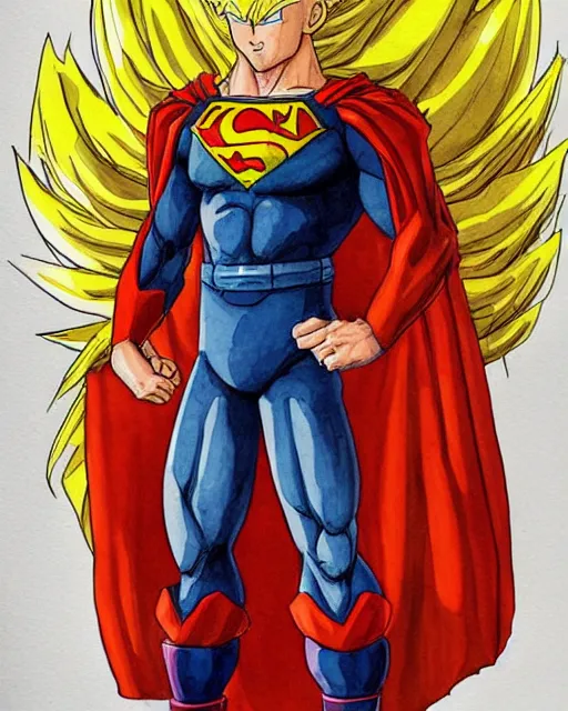 Image similar to a watercolor painting full body character portrait of a super saiyan superhero in the style of jean giraud in the style of moebius trending on artstation deviantart pinterest detailed realistic hd 8 k high resolution