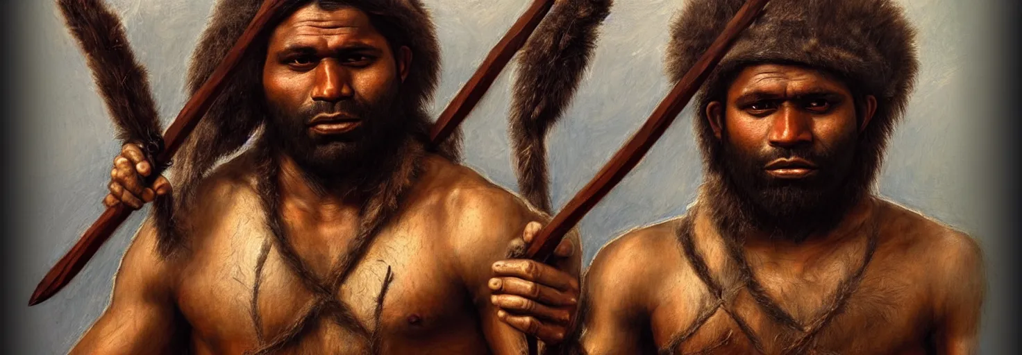 Image similar to renaissance upper body portrait of a gruff ranger with a spear, Australian Aborigine Aboriginal Indigenous Australian Koori Murri Nyoongah, lean and toned, handsome face, hairy chest, D&D, intricate, elegant, highly detailed, digital painting, artstation, concept art, matte, sharp focus, illustration, art by da Vinci, Artgerm and Greg Rutkowski and Alphonse Mucha