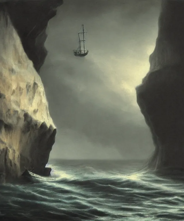 Image similar to photorealistic painting of a 1 9 2 5 seiner sailing near a tropical cliff with the mouth of a sea cave at the waterline, dark, brooding, atmospheric, lovecraft, horror, smooth, epic, highly detailed, cinematic, by lee gibbons