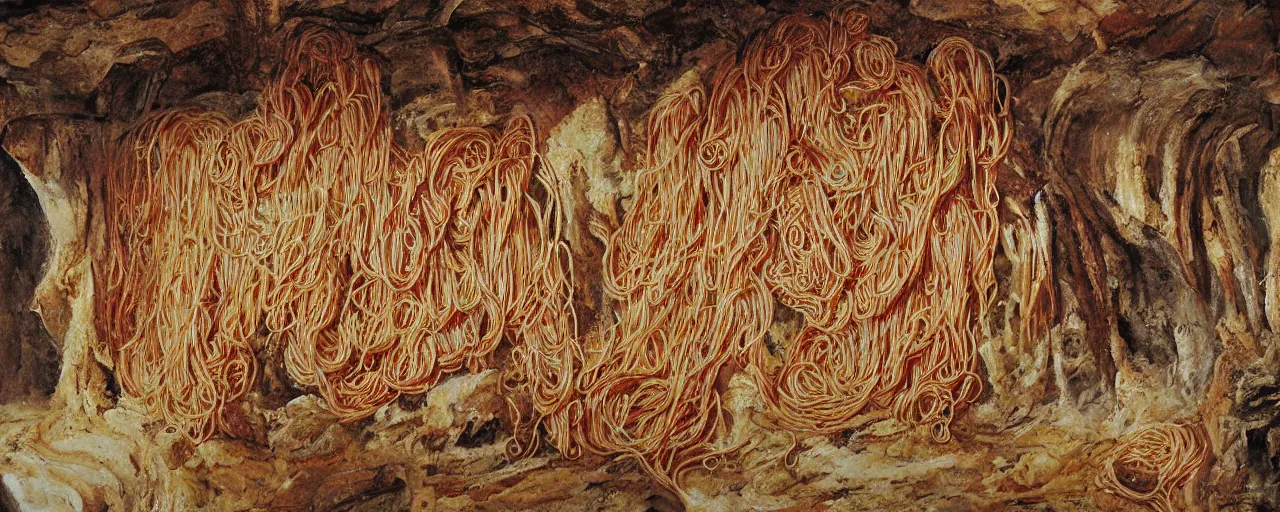 Image similar to wide shot spaghetti paintings on a cave wall, archaic, fine detail,