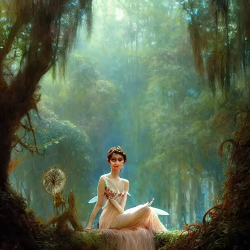 Image similar to audrey hepburn as a winged fairy in a fantasy forest, various backgrounds, highly detailed, digital painting, artstation, matte, illustration, art by gaston bussiere, greg rutkowski, tom bagshaw