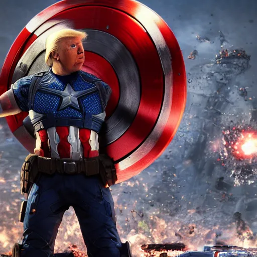 Image similar to Portrait! of President Donald Trump as ((captain america)) in Gears of War, splash art, movie still, cinematic lighting, dramatic, octane render, long lens, shallow depth of field, bokeh, anamorphic lens flare, 8k, hyper detailed, 35mm film grain