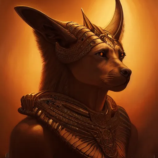 Image similar to Majestic gracious powerful Anubis female warrior portrait, atmospheric lighting, painted, intricate, volumetric lighting, beautiful, rich deep colors masterpiece, golden hour, sharp focus, ultra detailed, by Leesha Hannigan, Ross Tran, Thierry Doizon, Kai Carpenter, Ignacio Fernández Ríos