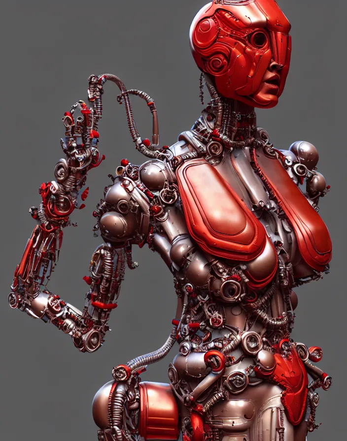Prompt: portrait, antique marble statue, super hero pose, red white biomechanical dress, inflateble shapes, wearing epic bionic cyborg implants, masterpiece, intricate, biopunk futuristic wardrobe, highly detailed, art by akira, mike mignola, artstation, concept art, background galaxy, cyberpunk, octane render