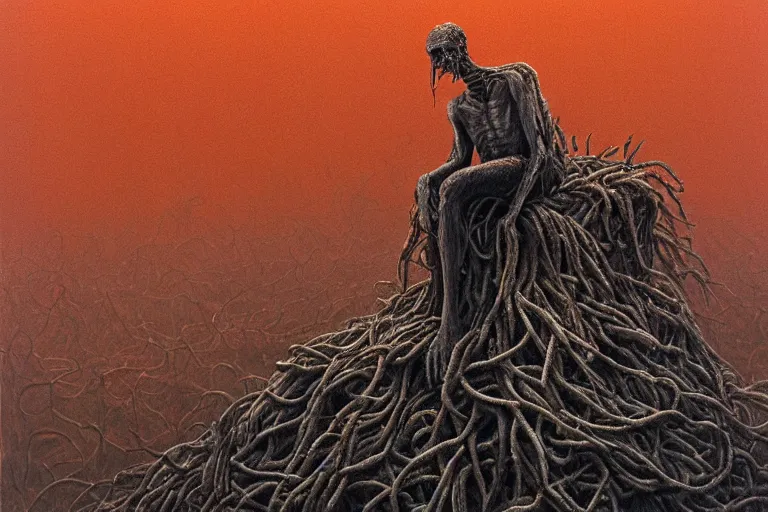 Image similar to Haunting horrifying hyperrealistic detailed painting of a skinny tall man sitting atop a giant throne of splinters in a foggy hellscape with spread out pools of orange glowing liquid and goop, eyeballs bulging, sparks of fire flying, dystopian feel, heavy metal, disgusting, creepy, unsettling, in the style of Michael Whelan and Zdzisław Beksiński, lovecraftian, hyper detailed, trending on Artstation