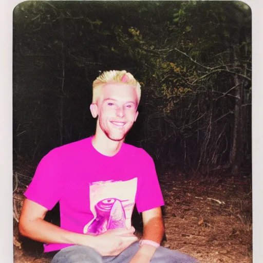 Prompt: flash photography polaroid of a young man with blonde hair sitting by a campfire nearby, smiling at the camera, wearing a pink t-shirt, retro 90s photograph, image artifacts